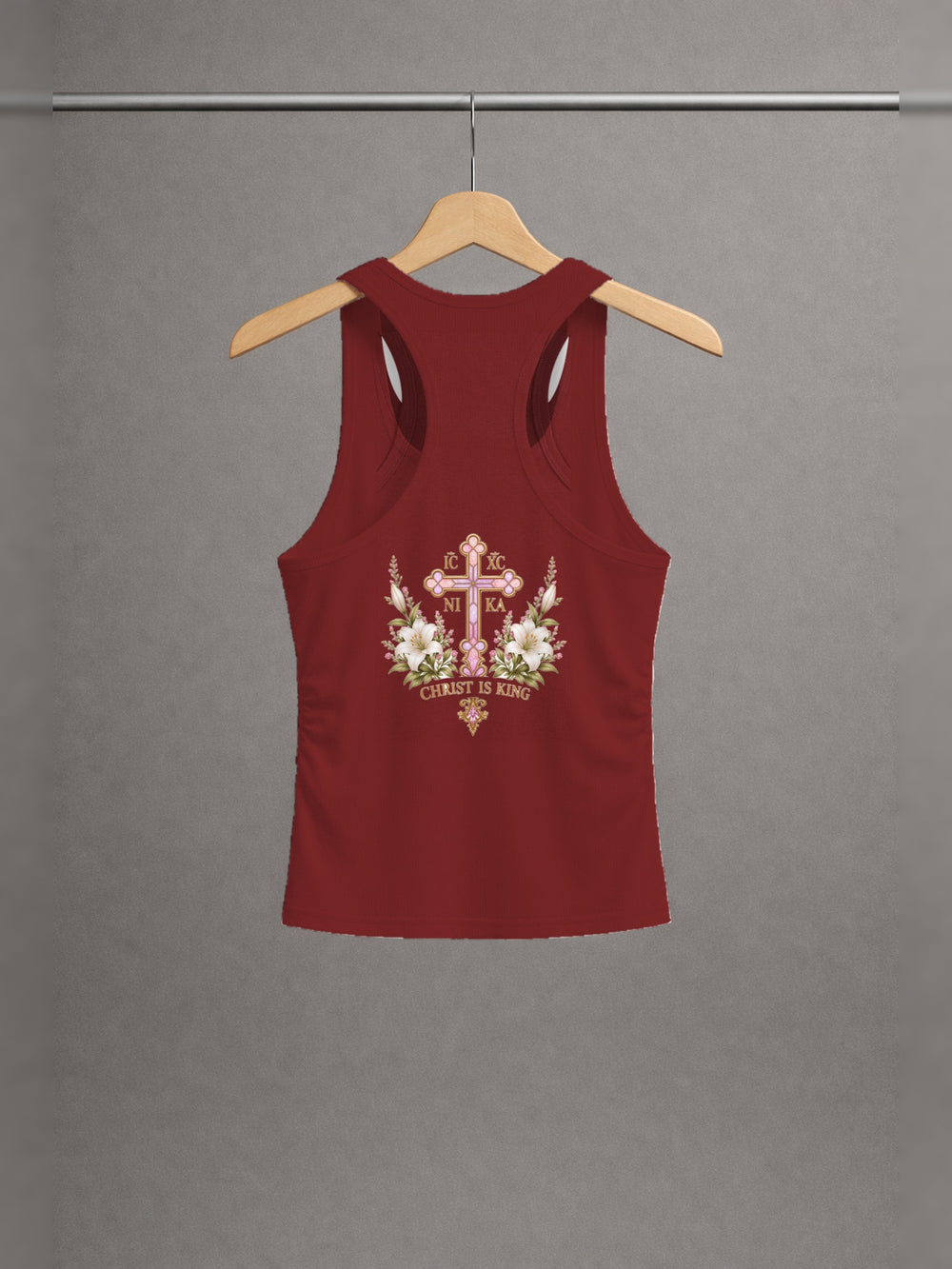 Handmaid of the Lord Ruched Tank — Wine Red — back print, studio hanger