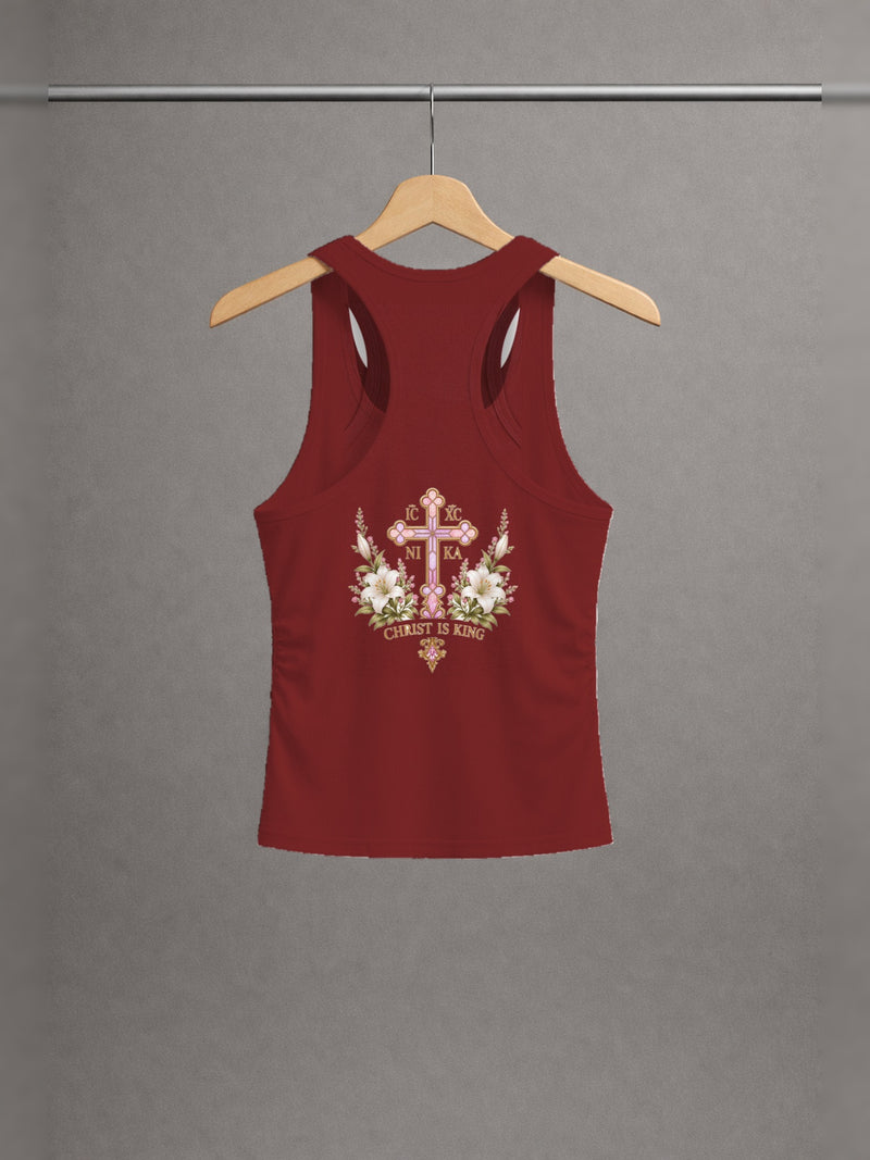Handmaid of the Lord Ruched Tank — Wine Red — back print, studio hanger