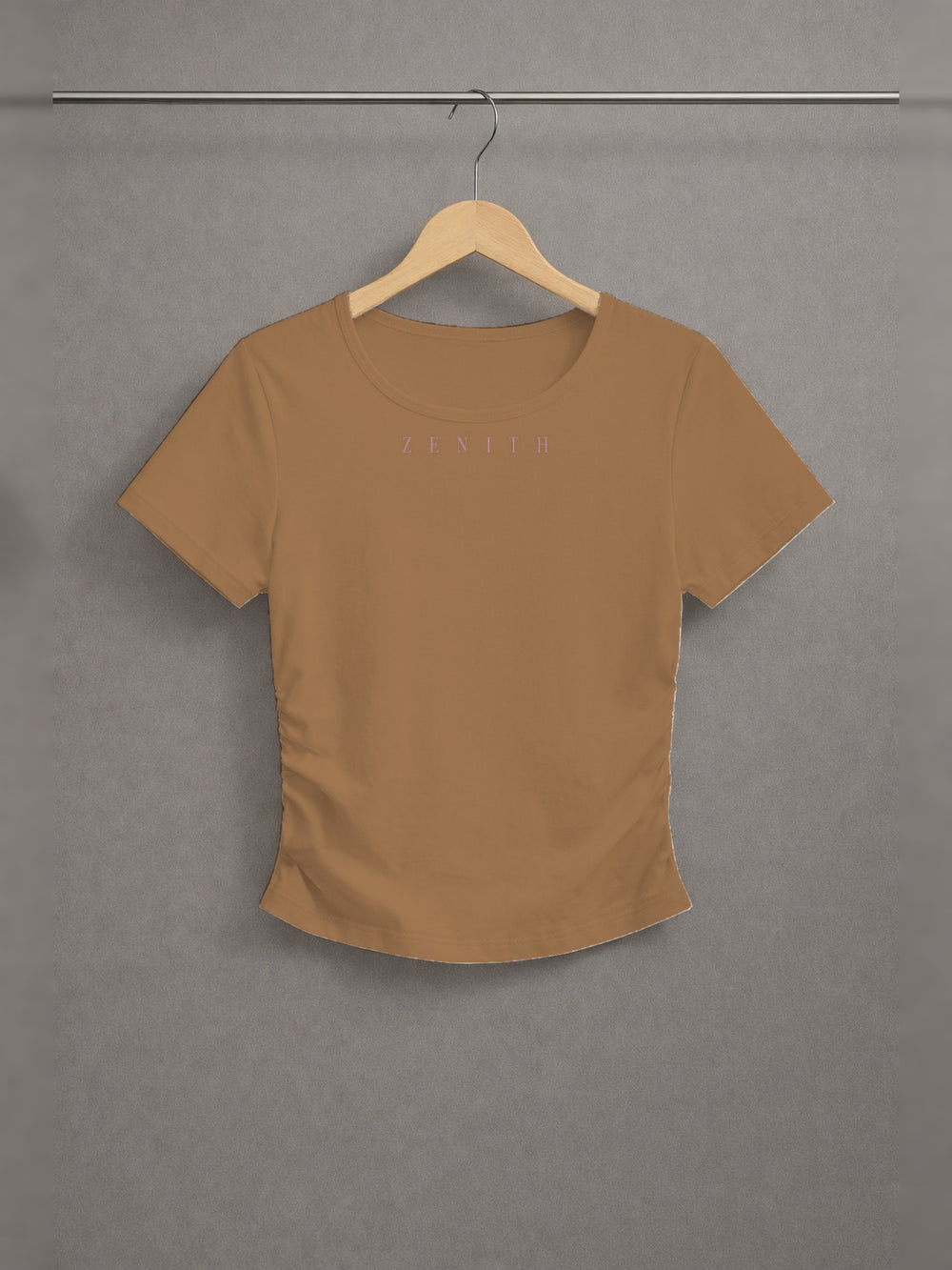 Lily of the Valley Ruched Crop Top — Brown — chest side, studio hanger