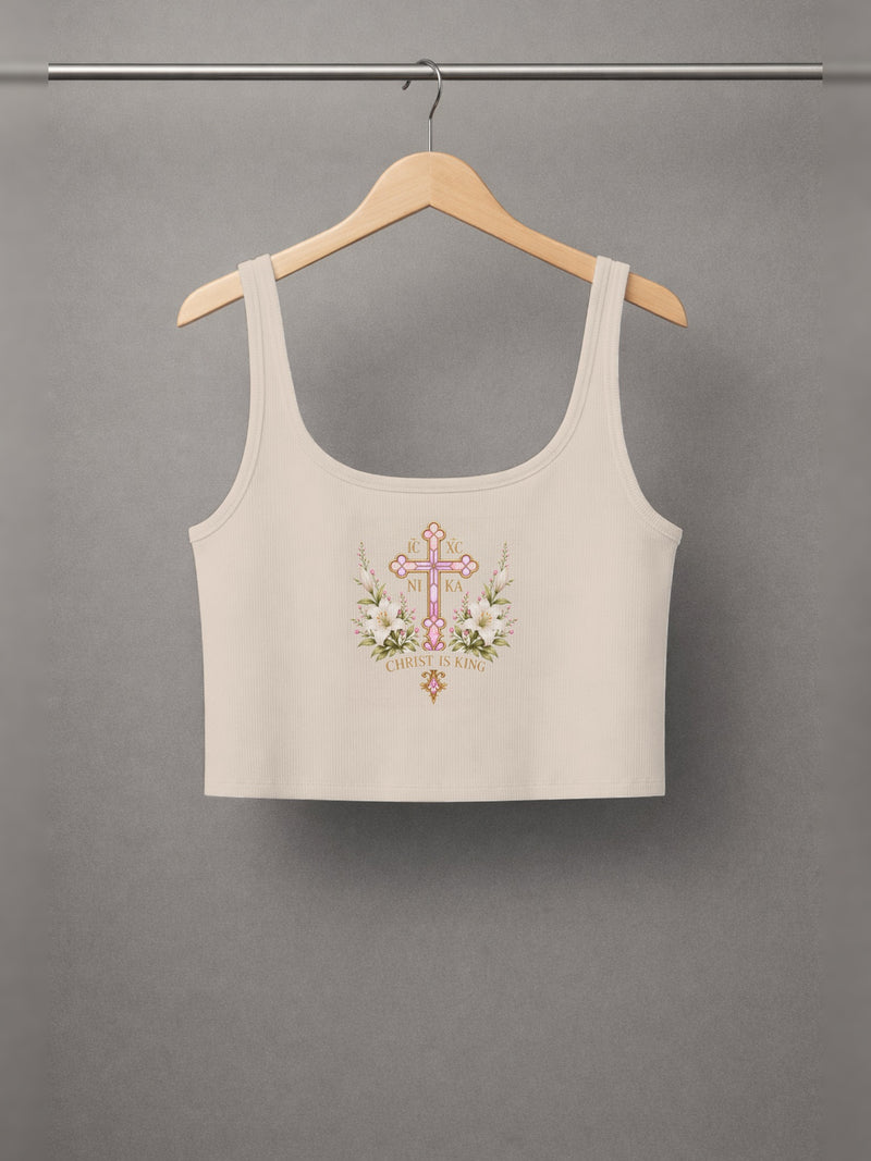 Theotokos Cropped Tank — Apricot — back print, studio hanger