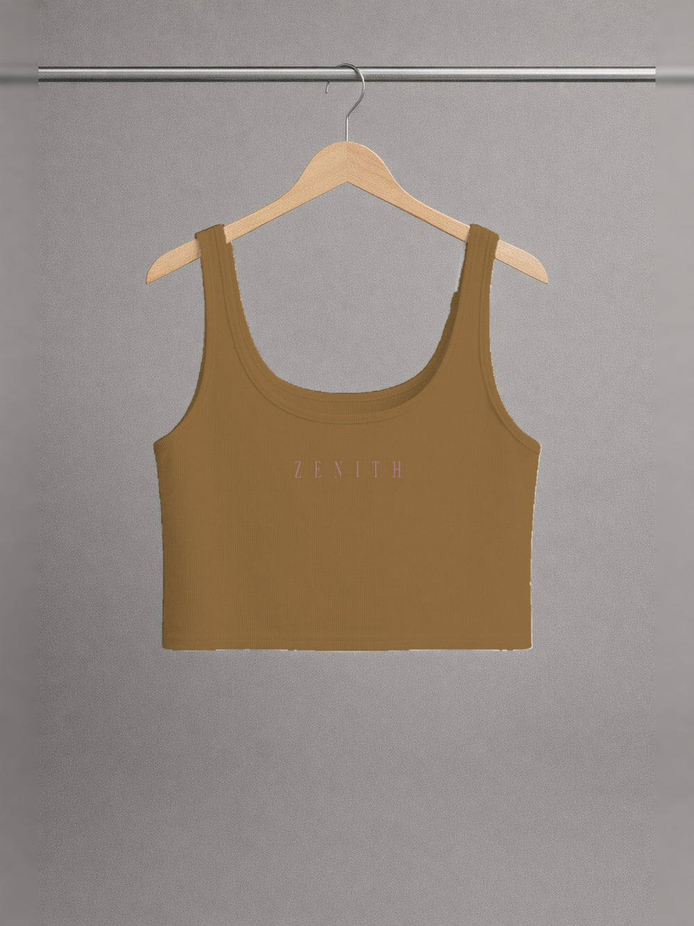 Theotokos Cropped Tank — Brown — chest side, studio hanger