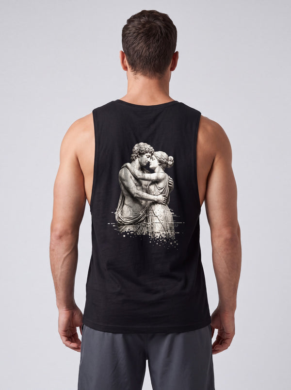 The Embrace Performance Tank in Onyx Black, back view showing the full-width greyscale sculpture print