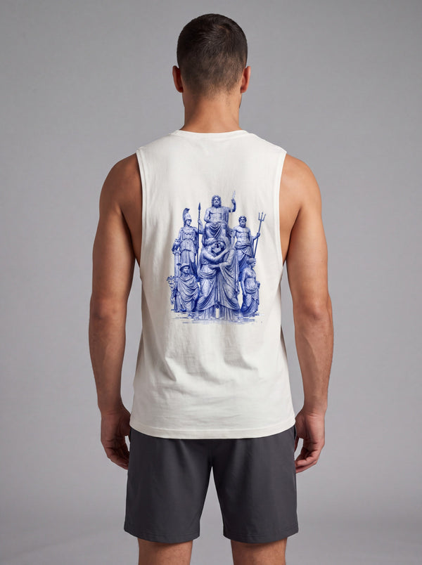 The Pantheon Performance Tank in Alpine White, back view showing the full-width cobalt pantheon print